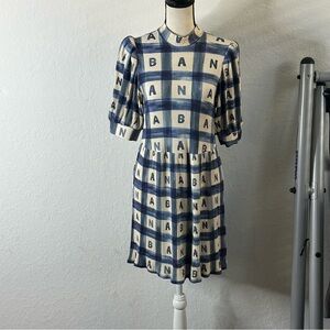 RARE Farm Rio Navy and Cream Logo Mini Dress Puff Sleeves size medium Mock Neck